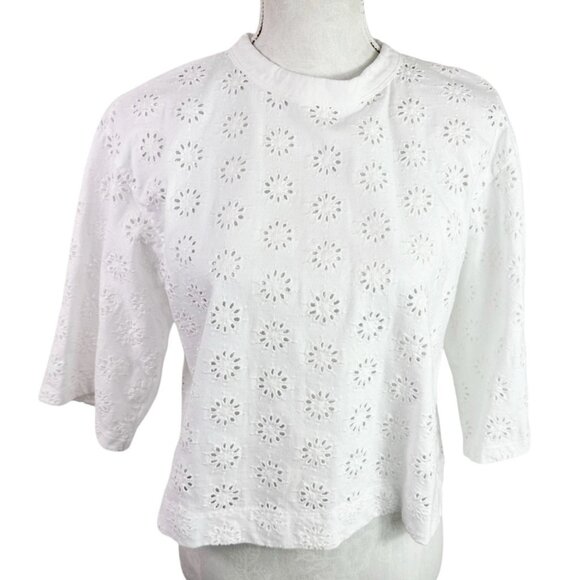 Madewell Women's S Boxy Wide Sleeve Embroidered Eyelet Tee White Crew NWT - Picture 2 of 13